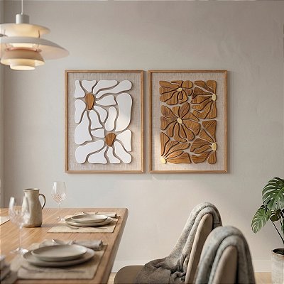 Kit de 2 Quadros em Alto Relevo de Madeira - 2 Margaridas - E Flor da Mata (80x60cm)