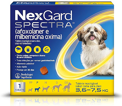 NexGard Spectra Antipulgas, Carrapatos e Vermífugos para Cães de 3,6 a 7,5kg - 1 tablete