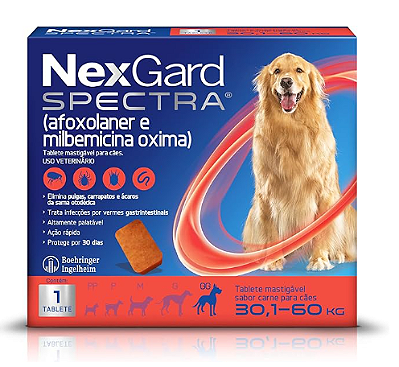 NexGard Spectra Antipulgas e Carrapatos e Vermífugo para Cães de 30 a 60kg - 1 tablete