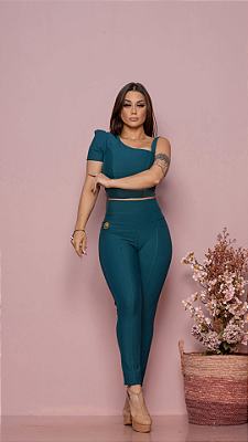 Calça Montaria Modeladora Skinny 3 Cós Compressores no Tecido de Poliamida - Verde Petróleo