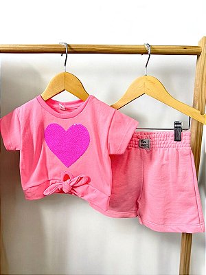 Conjunto Infantil Rosa Neon - Coração com Laço
