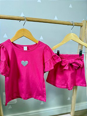 Conjunto Infantil Pink Coração Glitter Prata