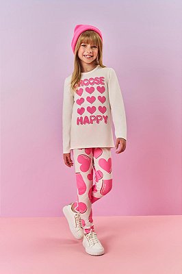 Conjunto Infantil Menina Blusa E Legging Corações Rosa Mundo Cinti