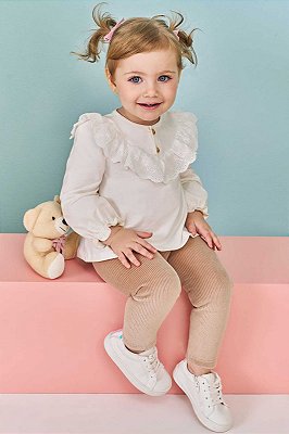 Conjunto de Bata em Molecotton e Calça Legging em Fleece Cotelê com Elastano - Kukiê Bebê Menina