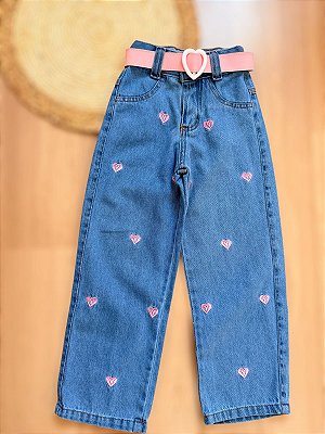 Calça Wide leg jeans - Com bordados Corações