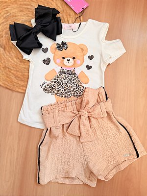 Conjunto de Blusa em Cotton e Shorts em Crepe Textura - Kukiê Infantil Menina
