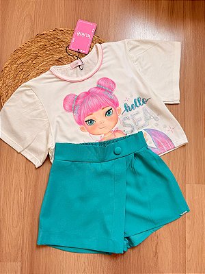 Conjunto de Blusa Boxy Over em Meia Malha e Short Saia Infantil Menina