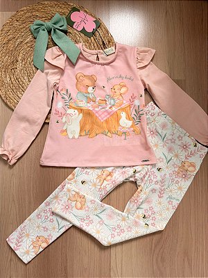 Conjunto de Blusa em Cotton e Calça Legging em Canelado - Kukiê Bebê Menina