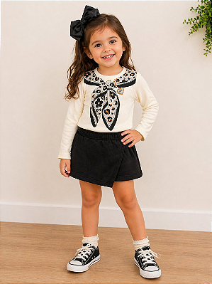 Conjunto Infantil Menina Estampado gola Oncinha e short saia - Premium