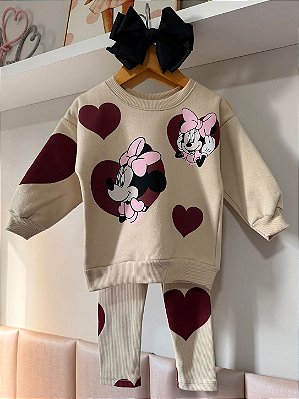 Conjunto Infantil Minnie com corações em Moletom