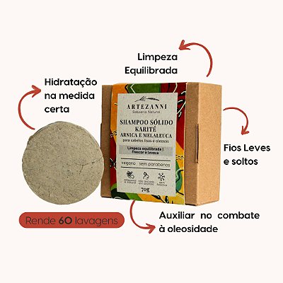 Shampoo sólido para cabelos lisos e oleosos - Karité, Arnica e Melaleuca