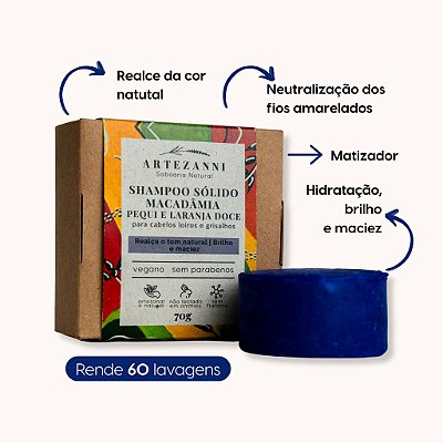 Shampoo sólido realçador para cabelos loiros e grisalhos - Macadâmia, Pequi e Laranja Doce