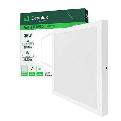 Painel de Led Sobrepor 36W 40x40cm Quadrado Alumínio Branco Bivolt Depolux