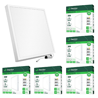 Kit 5 Painel de Led Sobrepor 36W 40x40cm Quadrado Alumínio Branco Bivolt Depolux