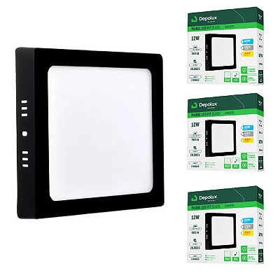 Kit 4 Painel Led Preto 12W Plafon Quadrado Sobrepor Bivolt Depolux