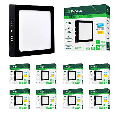Kit 10 Painel Led Preto 12W Plafon Quadrado Sobrepor Bivolt Depolux