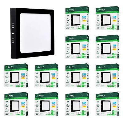 Kit 15 Painel Led Preto 12W Plafon Quadrado Sobrepor Bivolt Depolux