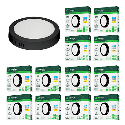 Kit 15 Painel Led Preto 12W Plafon Redondo Sobrepor Bivolt Depolux