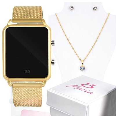 Kit relógio feminino digital led dourado silicone moda luxo