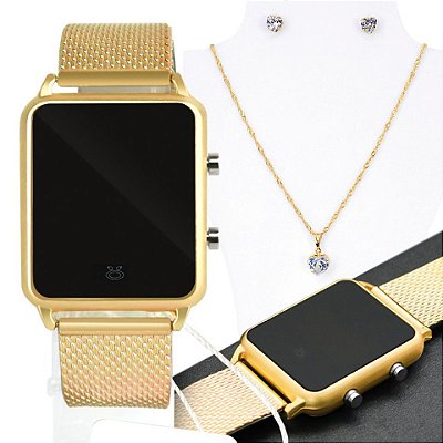 Kit relogio feminino digital led dourado silicone original