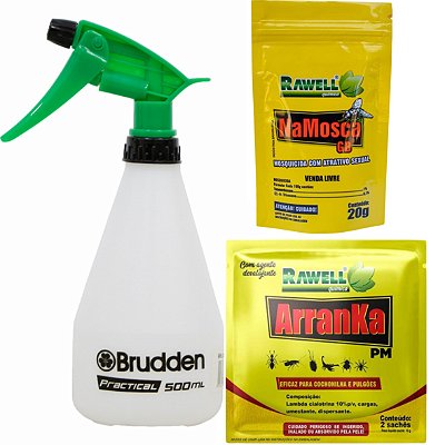 Kit 1un Novo Arranka PM 20g + 1un Novo NaMosca GB 20g + 1un Pulverizador Manual Practical 500ml