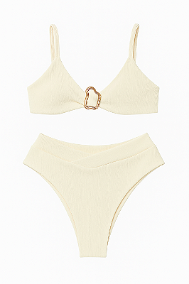 Conjunto Biquíni Off White Texturizado com Fivela Dourada Top Conforto + Calcinha Cintura Alta em V