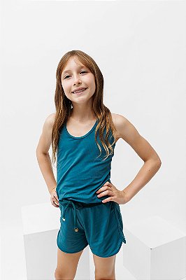 Conjunto verde top com bermuda sobreposta juvenil