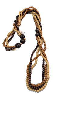 Colar com pastilhas de casca de coco, madeira e tassel de couro 75 cm