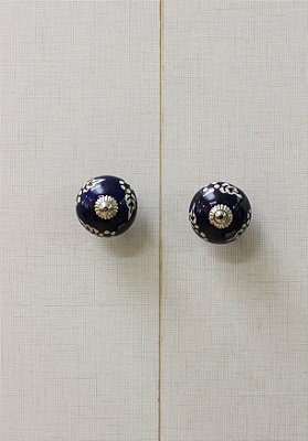 Puxador de Porcelana azul escuro com floral branco