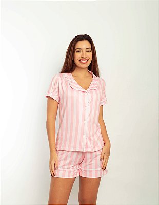 Pijama Feminino Americano Listrado Rosa