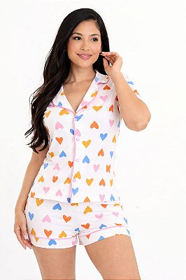 Pijama Feminino Americano Corações Coloridos