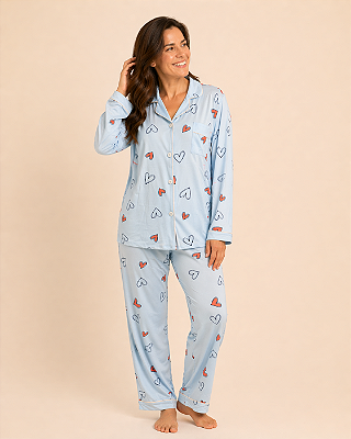 Pijama Americano Feminino Manga Longa Corações Azul