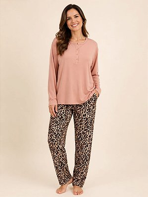 Pijama Feminino Manga Longa Rosa Onça