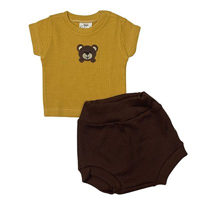 Conjunto Bebê Camiseta Canelada Mangas Curtas e Tapa Fralda Ursinho