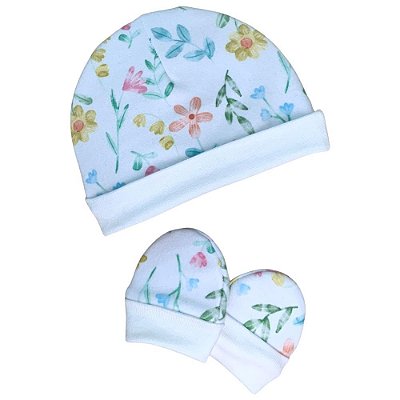 Conjunto Bebê Touca E Luvas Florido