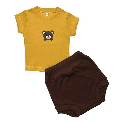 Conjunto Bebê Camiseta Mangas Curtas e Tapa Fralda Ursinho