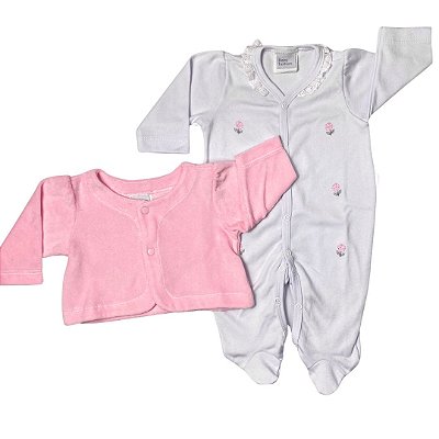 Conjunto Macacão Longo Bebê Mangas Longas E Casaquinho Rosas