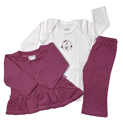 Conjunto Bebê/Infantil Body Mangas Longas, Calça e Casaquinho Camafeu