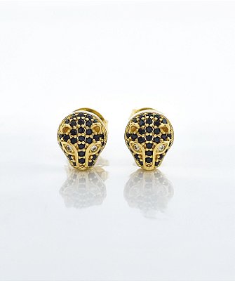 Brinco Masculino Par Tigre Com Pedra Preta Banhado A Ouro 18K BRI091