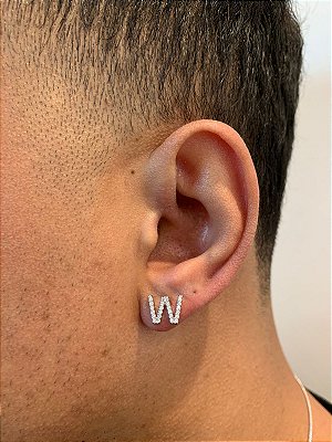 Brinco Masculino Par Letra W (9,8X8mm) Banhado A Ouro Branco BRI099