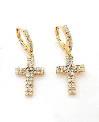 Brinco Masculino Par Argola Cravejada Com Cruz G Pendurada Banhada A Ouro 18k BRI148
