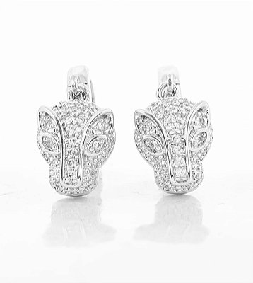 Brinco Masculino Par Argola Lisa Com Rosto Tigre Banhada A Ouro Branco BRI072