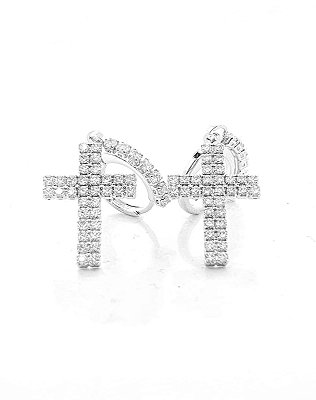 Brinco Masculino Par Argola Cravejada Com Cruz G Pendurada Banhada A Ouro Branco BRI034