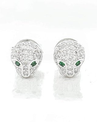 Brinco Masculino Par Tigre Olho Verde Banhado A Ouro Branco BRI007