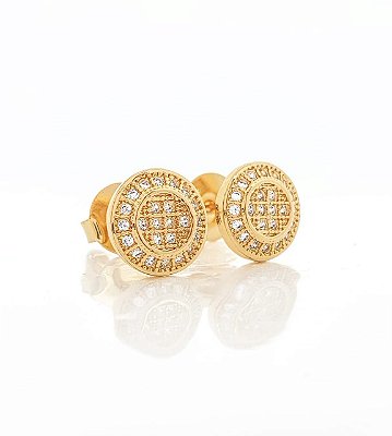Brinco Masculino Par Redondo Cravejado Com 24 Pedras (9mm) Banhado A Ouro 18k BRI117
