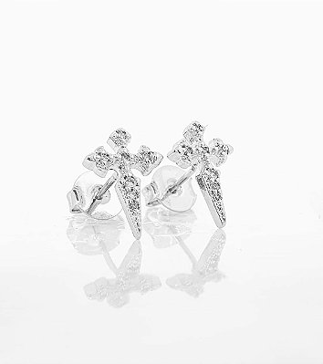 Brinco Masculino Par Cruz Cravejada Ponta Alongada (13,7X9,5mm) Banhado A Ouro Branco BRI036