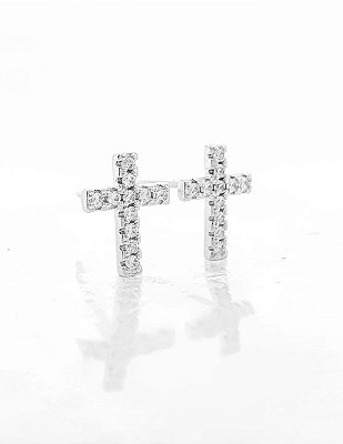 Brinco Masculino Par Cruz Cravejada 11 Pedras (10,2X7,6mm) Banhado A Ouro Branco BRI067