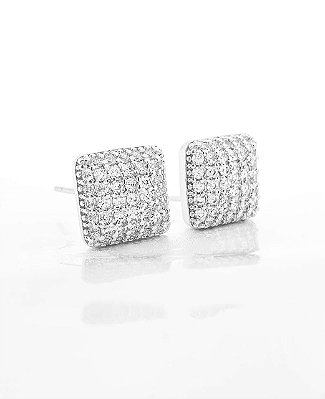 Brinco Masculino Par Quadrado Cravejado Com 45 Pedras (10mm) Banhado A Ouro Branco BRI058
