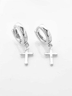 Brinco Masculino Par Argola Com Cruz Pendurada Lisa Banhado A Ouro Branco BRI120