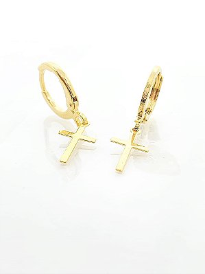 Brinco Masculino Par Argola Com Cruz Lisa Banhada A Ouro 18k